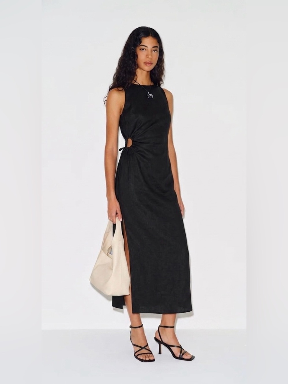 Dissh Beau Black Side Cutout Linen Midi Dress  Size 2 XS Resort Vacation Cruise